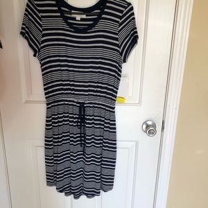 Blue and grey horizontal striped dress